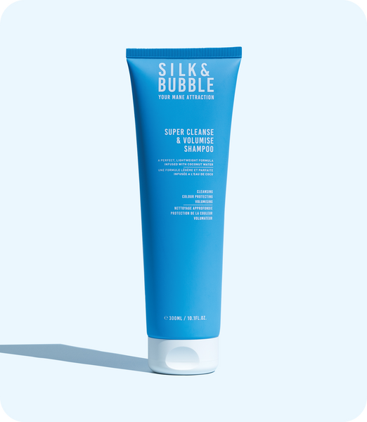 Silk and bubble Super Cleanse and Volumise Shampoo bottle on a white background